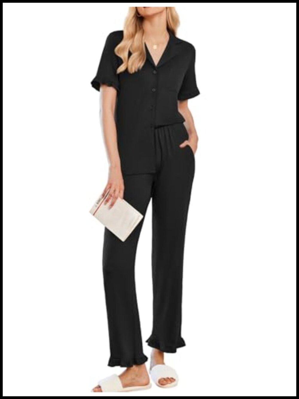 Ruffle Button Up Pajama Set Short Sleeve Lounge Pants with Pockets